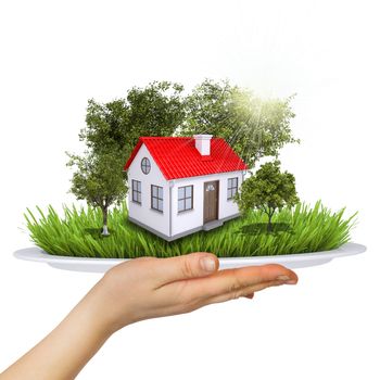 Hand holds a plate. On the plate is a small house, trees and grass