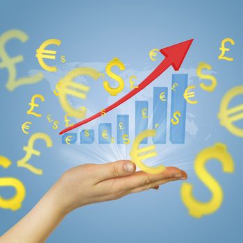 Hand holding growth chart. Golden signs currencies fly around