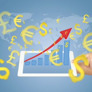 Hands holding a tablet pc. Growth chart on screen tablet