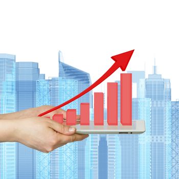 Hands holding a tablet pc. Growth chart on screen tablet