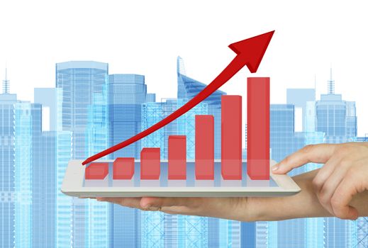 Hands holding a tablet pc. Growth chart on screen tablet