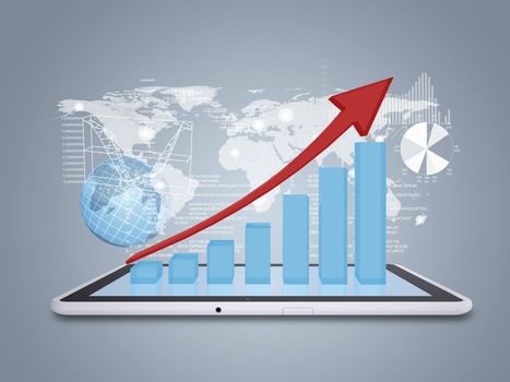 Tablet pc and growth chart on screen tablet. World map, globe and graphs on background