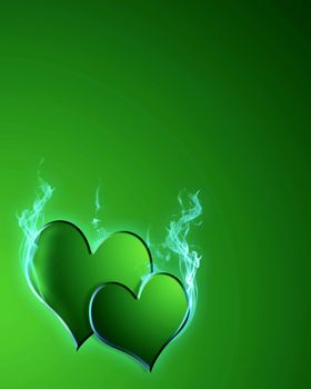 two burning hearts on green background