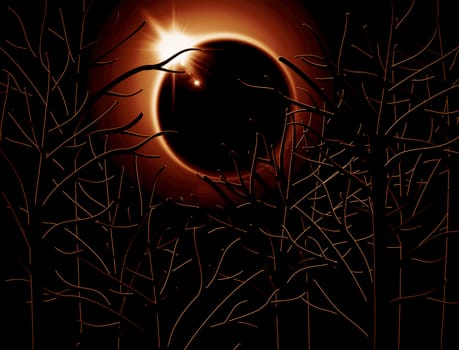 solar eclipse ond forest illustration