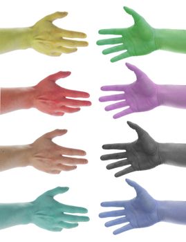 eight differrent colors hands on white background
