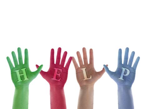 four different colors hands with help message