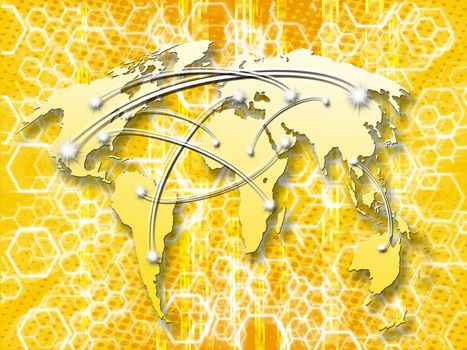 honeycombs yellow abstract background with interconnected world map