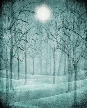 blue scary forest illustration with moon
