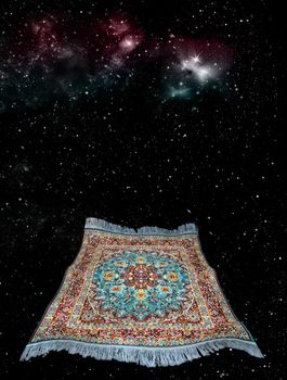 flying turkish carpet on black background with stars