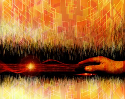 red and orange colored abstract background with hand aand mouse