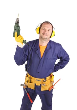 Worker standing with green drill. Isolated on a white background.