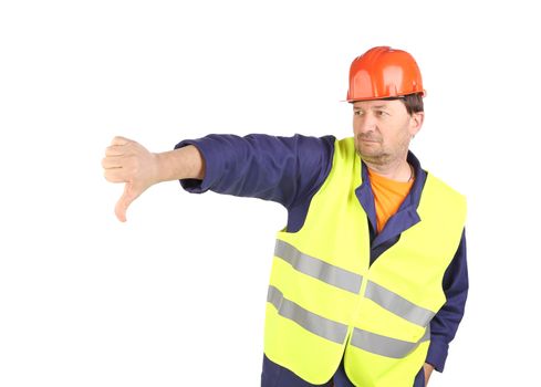 Worker in hard hat with hand thumb down. Isolated on a white background.