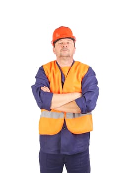Worker in red protective helmet. Isolated on a white background.