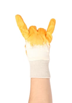 Hand shows rock sign in glove.  Isolated on a white background.