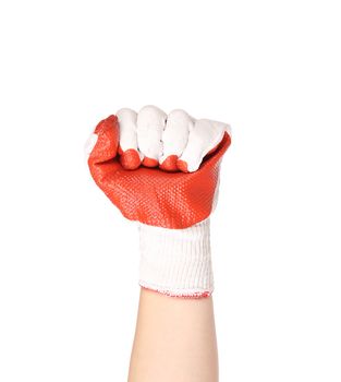 Worker hand glove clenching fist. Isolated on a white background.