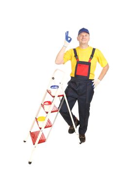 Worker on ladder with buckets. Isolated on a white background.
