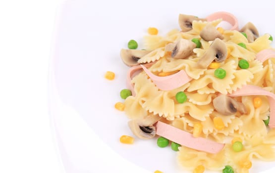 Pasta with ham and mushrooms. Isolated on a white background.