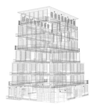 Highly detailed building. Isolated wire-frame render on a white background