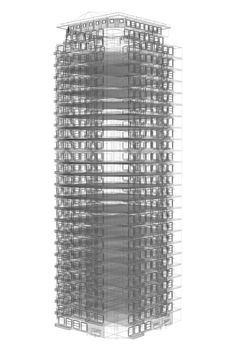 Highly detailed building. Isolated wire-frame render on a white background