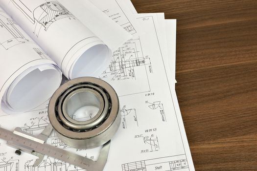 Construction drawings, caliper and bearing. Desk Engineer