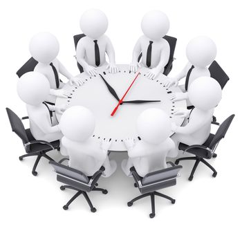 3d white people sitting at the round table. On the table a large clock. The concept of time