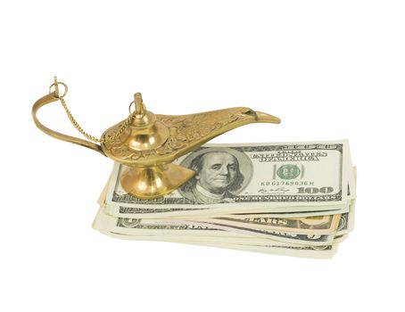 Bundle of dollars and magic lamp of Aladdin. Isolated on white background
