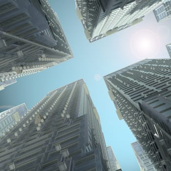 Skyscrapers. Render on a futuristic sky background