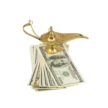 Bundle of dollars and magic lamp of Aladdin. Isolated on white background