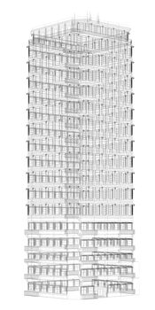 Highly detailed building. Isolated wire-frame render on a white background