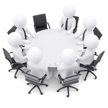 3d white people at the round table. One chair is empty. The concept is not complete conference