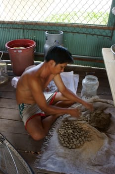 LONG AN, VIETNAM- NOVEMBER 11: Fisherman making bait to catch fish, he roll food into balls in  Long An, Viet Nam,November 11, 2013