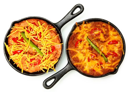 Skillet Refried Beans with Hot Peppers, Cherry Tomatos and Cheddar Cheese over white. Before and After Baked.