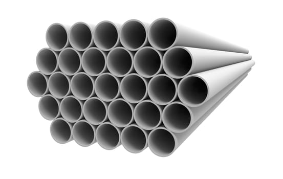 Stack of iron tubes isolated on white 3d render