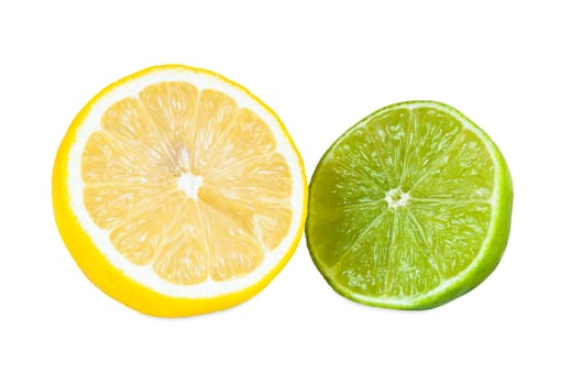 Halves of lemon and lime fruits isolated on white background with clipping path