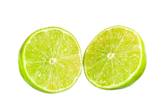 Halves of lime fruit isolated on white background with clipping path