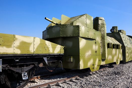 powerful armored train against the blue sky