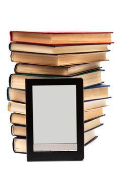 reader and old books on a white background