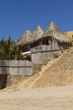 MANCORA, PERU - AUGUST 17, 2013: Thatched roof accomodation with palm trees along the sandy beach on August 17, 2013 in Mancora, Peru. Mancora is one of the most popular beach towns of Peru. 