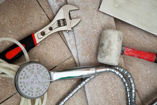 different tools for repair in the bathroom