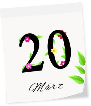 Calendar page with date of spring season-20.03.2014 isolated on a white background.20 M�rz.Fr�hling..