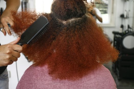 Close-up of the head of a woman in the process of getting her hair dyed by her beautician