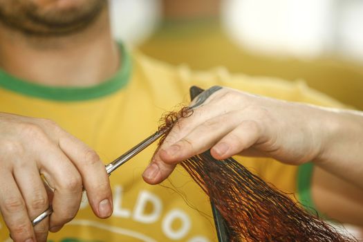 a woman cutting hair, Hairdresser cutting hair in salon closeup