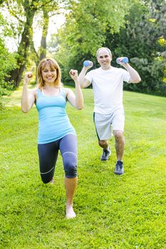 Female fitness instructor exercising with middle aged man in green park