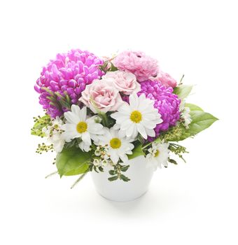 Bouquet of colorful flowers arranged in small vase on white background