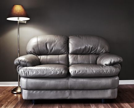 Leather love seat and floor lamp against dark wall
