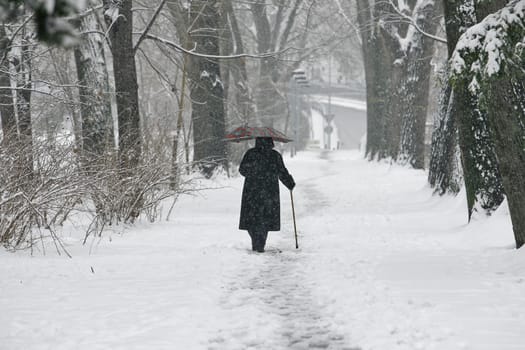 Woman walk in winter time