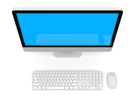 Modern desktop computer with white blank screen isolated on white background