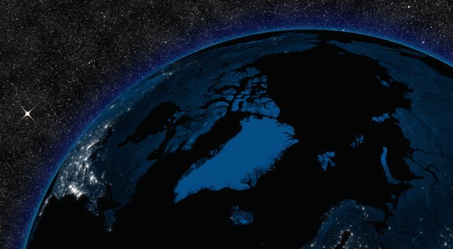 Night in Arctic region with city lights viewed from space. Elements of this image furnished by NASA.