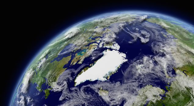 Arctic viewed from space with atmosphere and clouds. Elements of this image furnished by NASA.