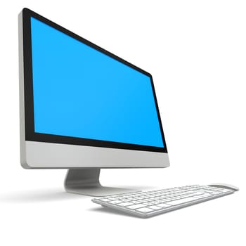 Modern desktop computer with blue screen isolated on white background